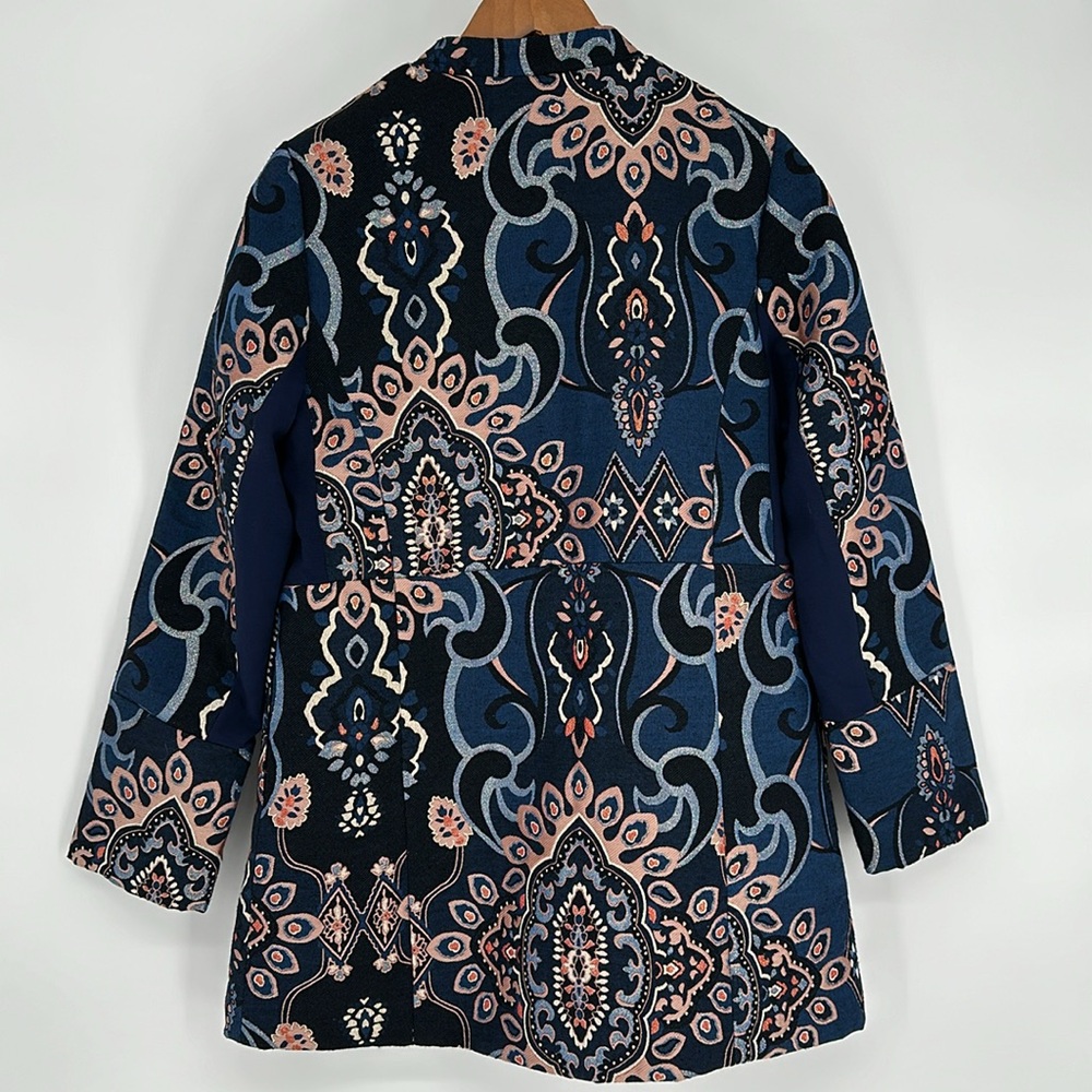 CHICOS 0 Jacquard Embroidered Jacket Blue Metallic Lined Career Boho- Women’s - Picture 2 of 12
